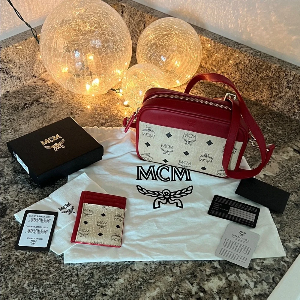 MCM Red and Cream Logo Crossbody Bag & Matching Card Holder